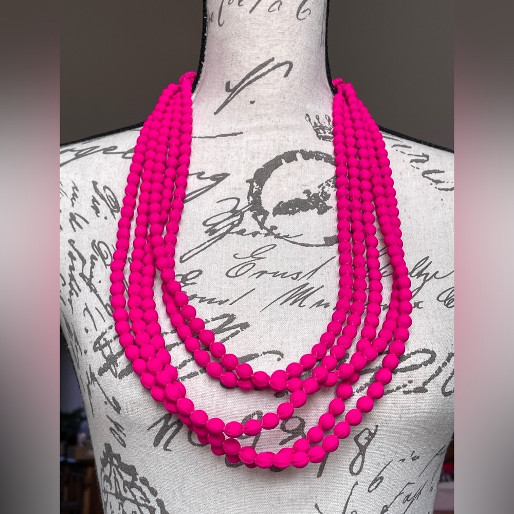 Retro Vibrant Hot Pink Magenta Fabric Beaded Layered Necklace